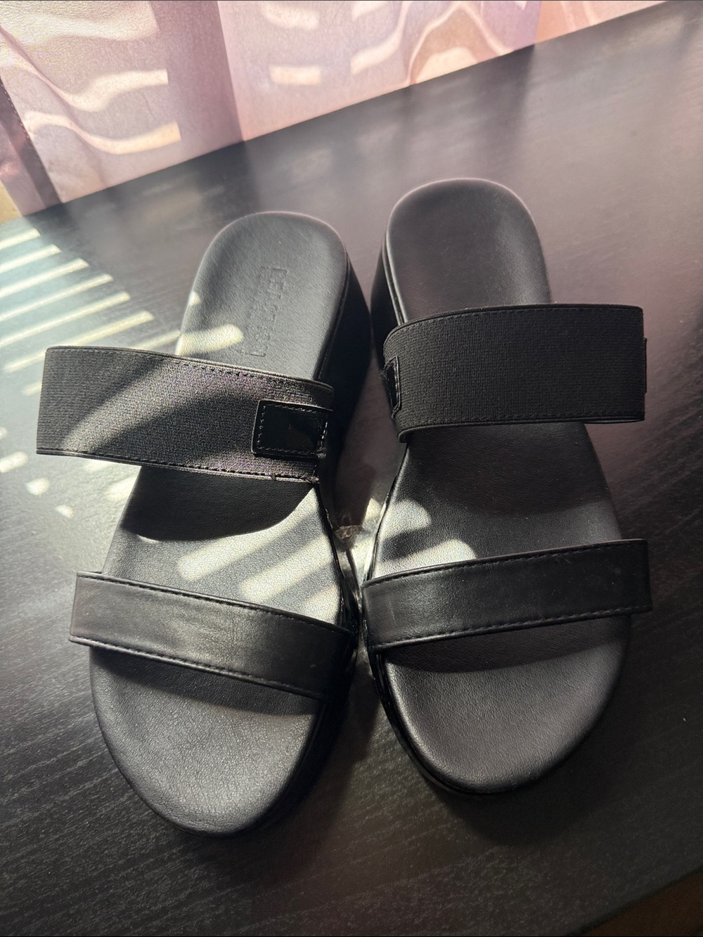 Kenneth Cole Reaction Black Double-Strap Wedge Slide Sandals